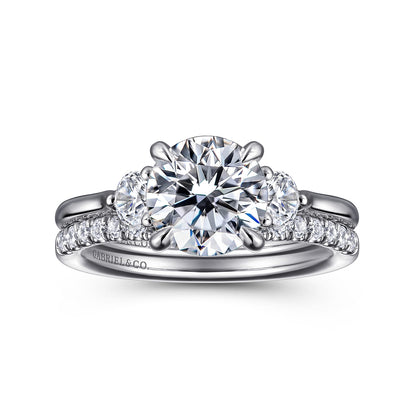 14K White Gold Round Three Stone Lotus Diamond Engagement Ring — Gabriel & Co. ER16484R6W44JJ; center stone shown for illustration, not included