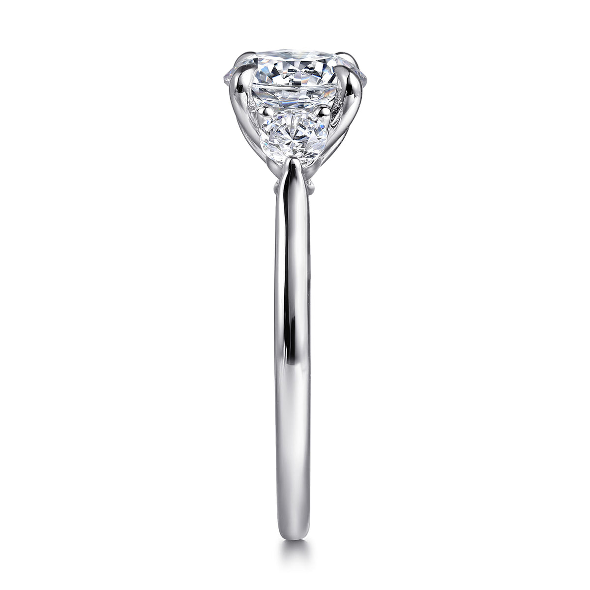 14K White Gold Round Three Stone Lotus Diamond Engagement Ring — Gabriel & Co. ER16484R6W44JJ; center stone shown for illustration, not included