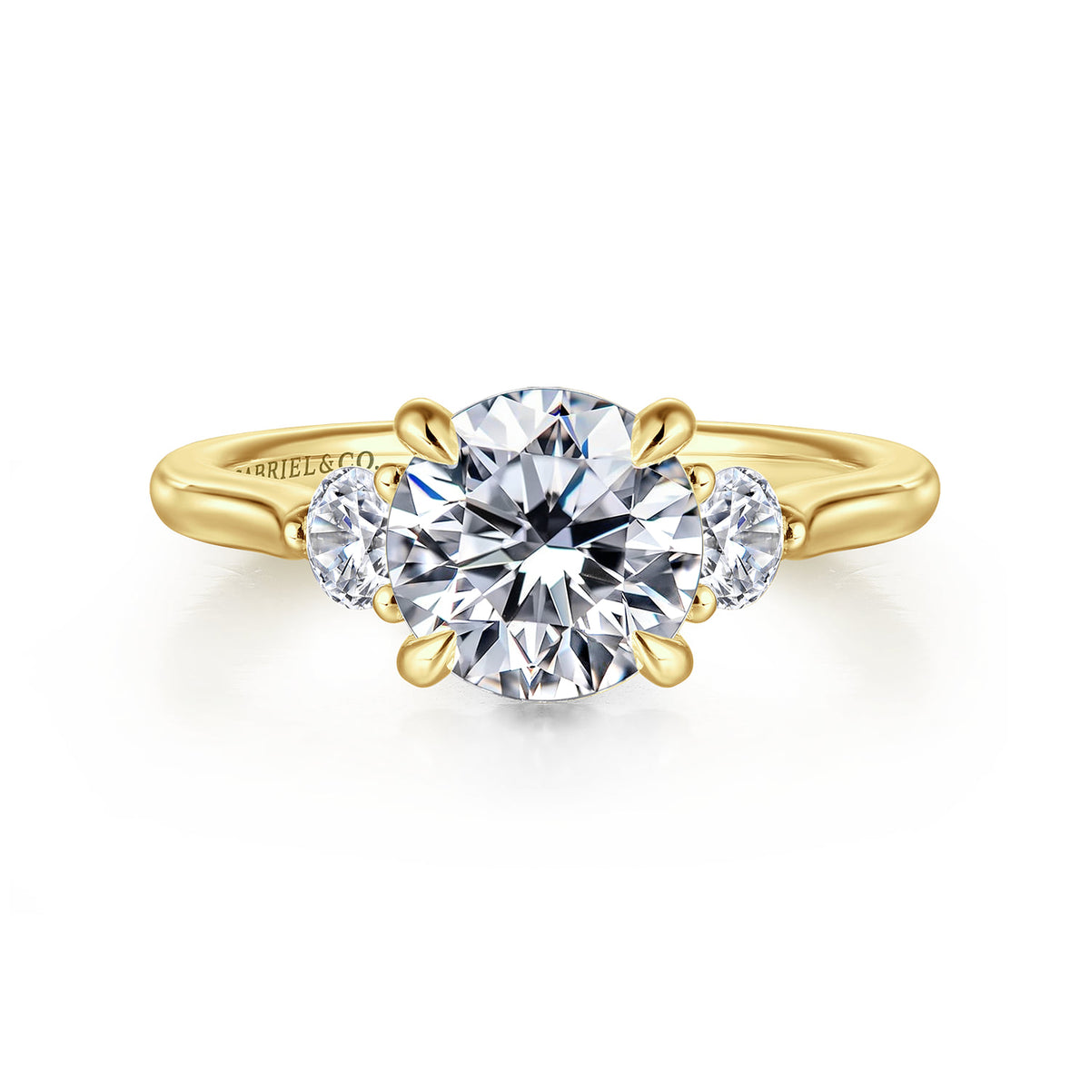 14K Yellow Gold Round Three Stone Lotus Diamond Engagement Ring — Gabriel & Co. ER16484R6Y44JJ; center stone shown for illustration, not included