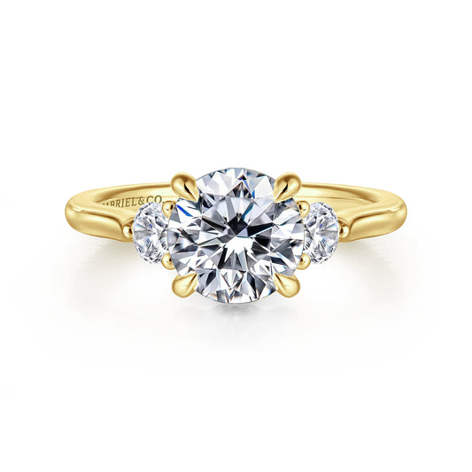 14K Yellow Gold Round Three Stone Lotus Diamond Engagement Ring — Gabriel & Co. ER16484R6Y44JJ; center stone shown for illustration, not included