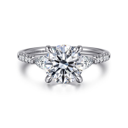 14K White Gold Round Three Stone Lotus Diamond Engagement Ring — Gabriel & Co. ER16486R8W44JJ; center stone shown for illustration, not included