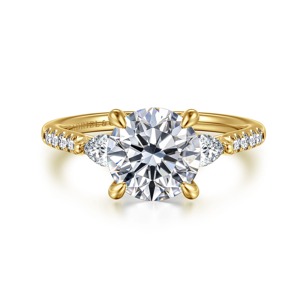 14K Yellow Gold Round Three Stone Lotus Diamond Engagement Ring — Gabriel & Co. ER16486R8Y44JJ; center stone shown for illustration, not included
