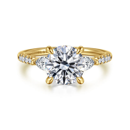 14K Yellow Gold Round Three Stone Lotus Diamond Engagement Ring — Gabriel & Co. ER16486R8Y44JJ; center stone shown for illustration, not included