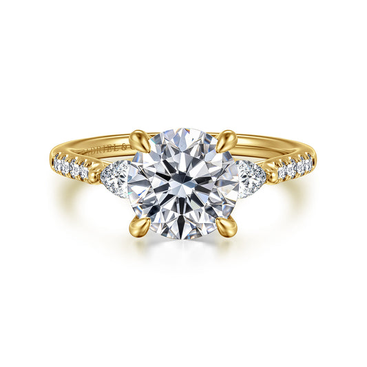 14K Yellow Gold Round Three Stone Lotus Diamond Engagement Ring — Gabriel & Co. ER16486R8Y44JJ; center stone shown for illustration, not included