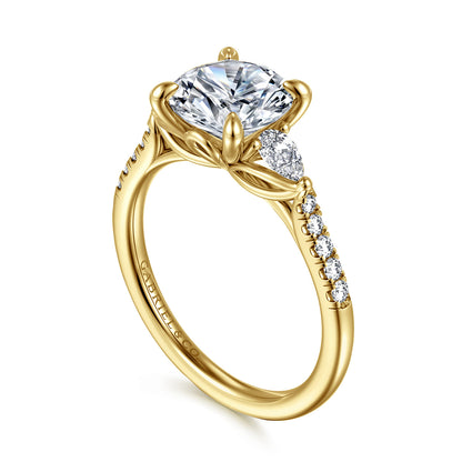 14K Yellow Gold Round Three Stone Lotus Diamond Engagement Ring — Gabriel & Co. ER16486R8Y44JJ; center stone shown for illustration, not included