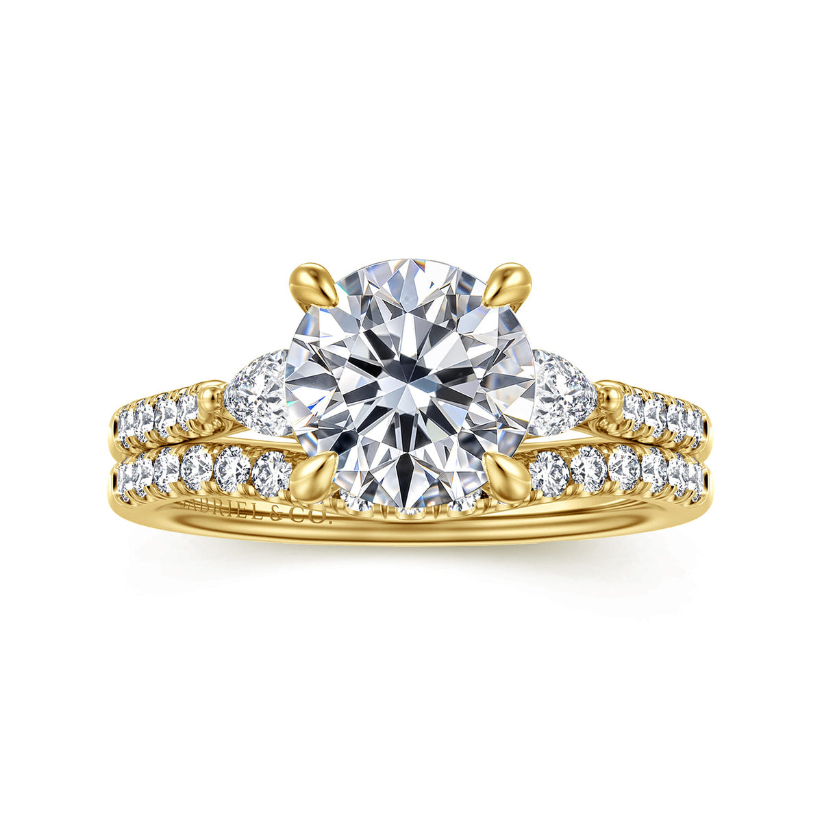 14K Yellow Gold Round Three Stone Lotus Diamond Engagement Ring — Gabriel & Co. ER16486R8Y44JJ; center stone shown for illustration, not included