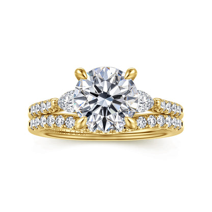 14K Yellow Gold Round Three Stone Lotus Diamond Engagement Ring — Gabriel & Co. ER16486R8Y44JJ; center stone shown for illustration, not included