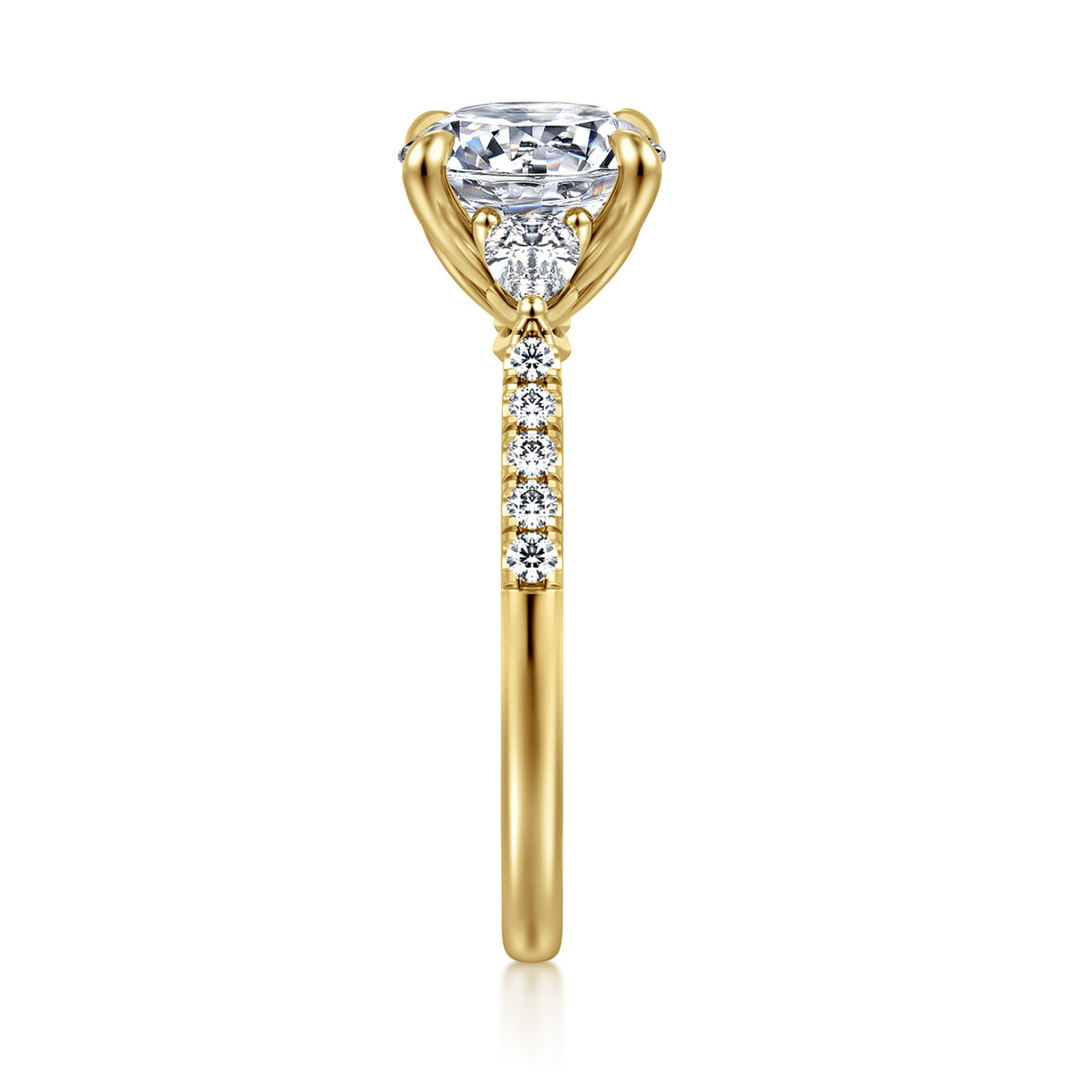 14K Yellow Gold Round Three Stone Lotus Diamond Engagement Ring — Gabriel & Co. ER16486R8Y44JJ; center stone shown for illustration, not included