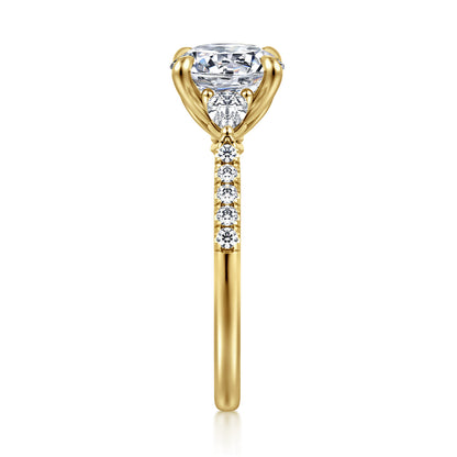 14K Yellow Gold Round Three Stone Lotus Diamond Engagement Ring — Gabriel & Co. ER16486R8Y44JJ; center stone shown for illustration, not included