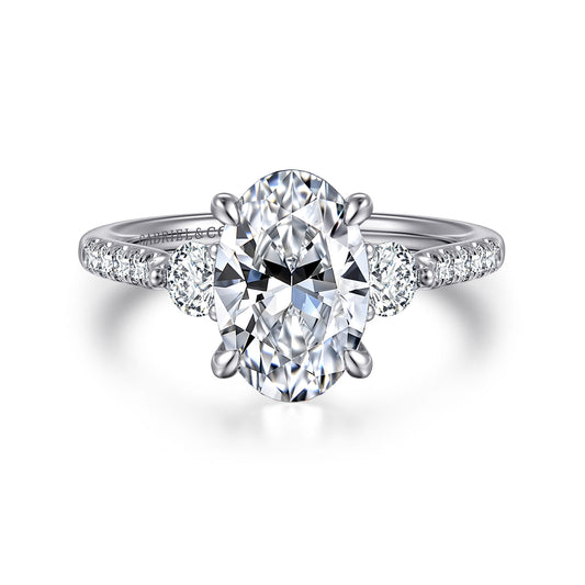 14K White Gold Oval Three Stone Lotus Diamond Engagement Ring — Gabriel & Co. ER16487O8W44JJ; center stone shown for illustration, not included