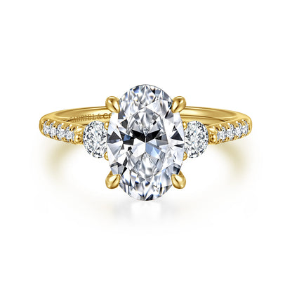 14K Yellow Gold Oval Three Stone Lotus Diamond Engagement Ring — Gabriel & Co. ER16487O8Y44JJ; center stone shown for illustration, not included