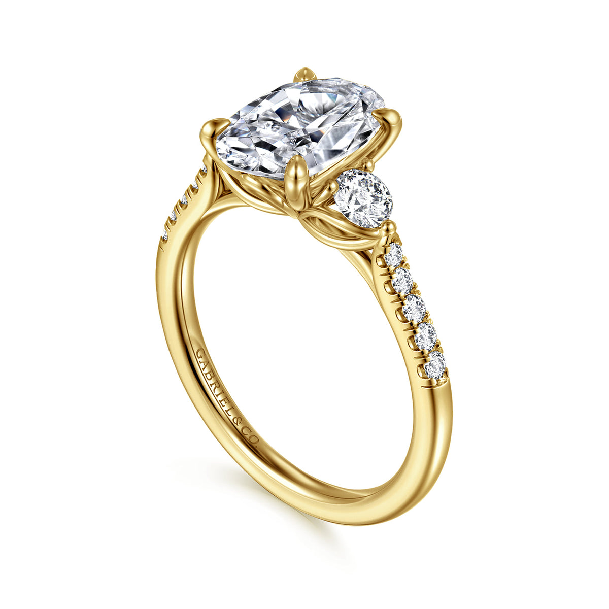 14K Yellow Gold Oval Three Stone Lotus Diamond Engagement Ring — Gabriel & Co. ER16487O8Y44JJ; center stone shown for illustration, not included