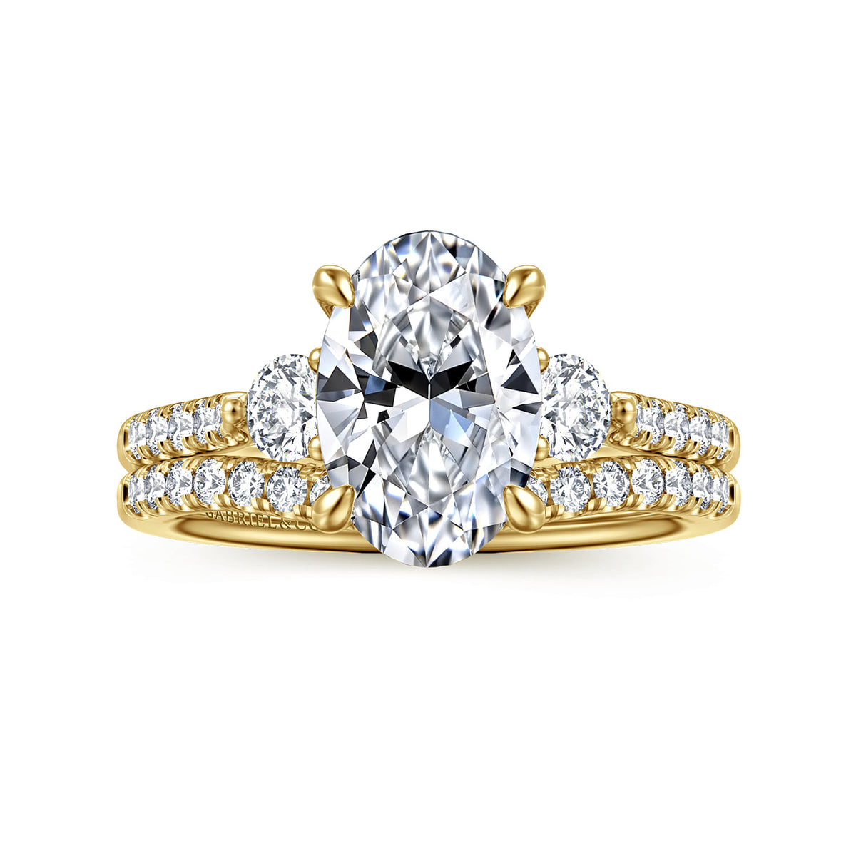 14K Yellow Gold Oval Three Stone Lotus Diamond Engagement Ring — Gabriel & Co. ER16487O8Y44JJ; center stone shown for illustration, not included