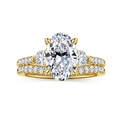 14K Yellow Gold Oval Three Stone Lotus Diamond Engagement Ring — Gabriel & Co. ER16487O8Y44JJ; center stone shown for illustration, not included