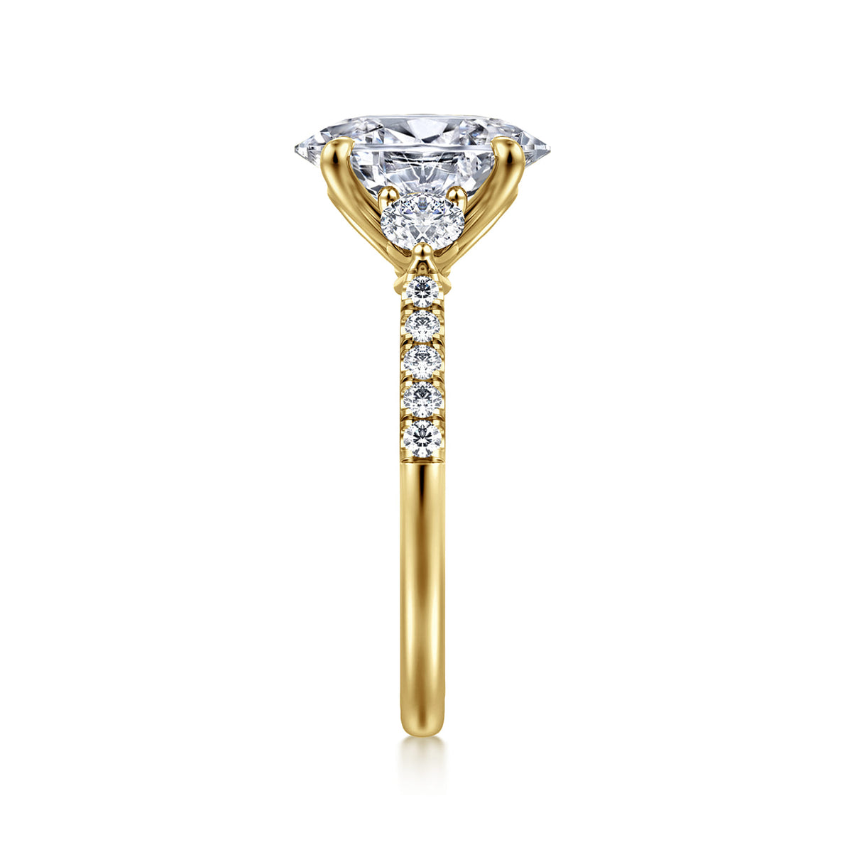 14K Yellow Gold Oval Three Stone Lotus Diamond Engagement Ring — Gabriel & Co. ER16487O8Y44JJ; center stone shown for illustration, not included