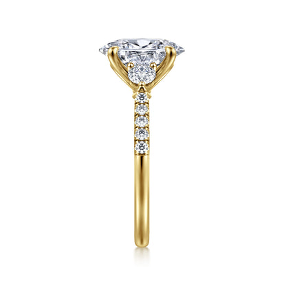 14K Yellow Gold Oval Three Stone Lotus Diamond Engagement Ring — Gabriel & Co. ER16487O8Y44JJ; center stone shown for illustration, not included