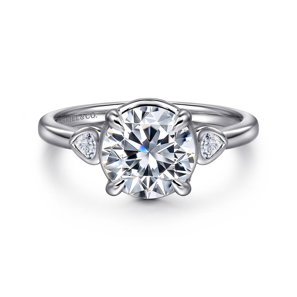 14K White Gold Round Three Stone Diamond Engagement Ring — Gabriel & Co. ER16502R8W44JJ; center stone shown for illustration, not included