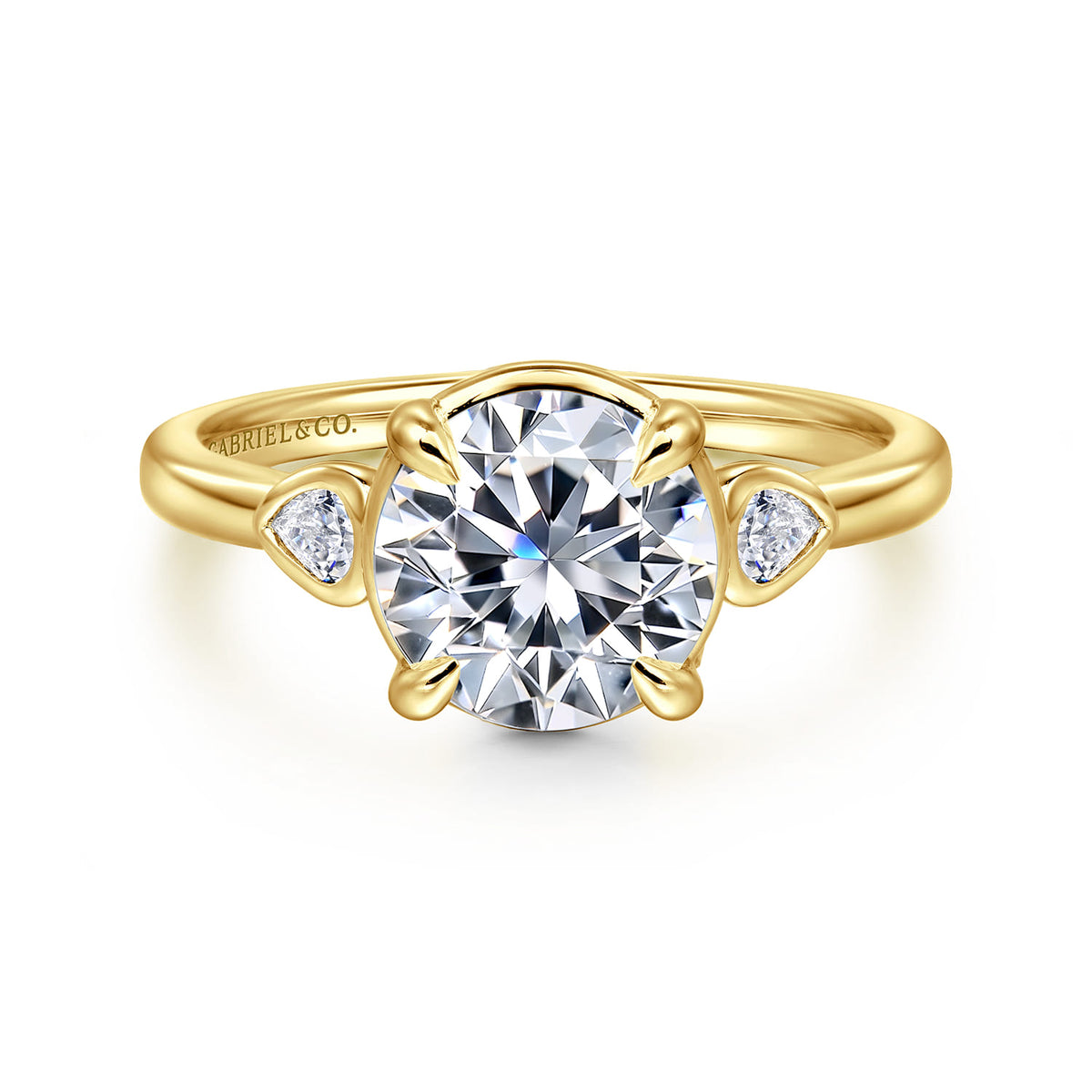 14K Yellow Gold Round Three Stone Diamond Engagement Ring — Gabriel & Co. ER16502R8Y44JJ; center stone shown for illustration, not included
