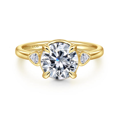 14K Yellow Gold Round Three Stone Diamond Engagement Ring — Gabriel & Co. ER16502R8Y44JJ; center stone shown for illustration, not included