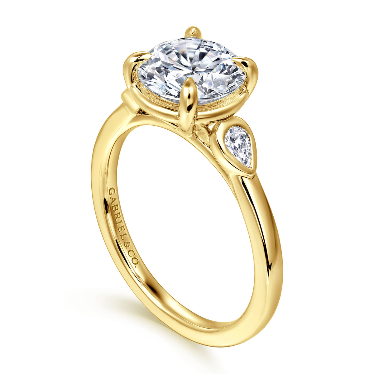 14K Yellow Gold Round Three Stone Diamond Engagement Ring — Gabriel & Co. ER16502R8Y44JJ; center stone shown for illustration, not included