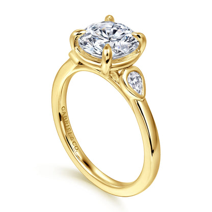 14K Yellow Gold Round Three Stone Diamond Engagement Ring — Gabriel & Co. ER16502R8Y44JJ; center stone shown for illustration, not included