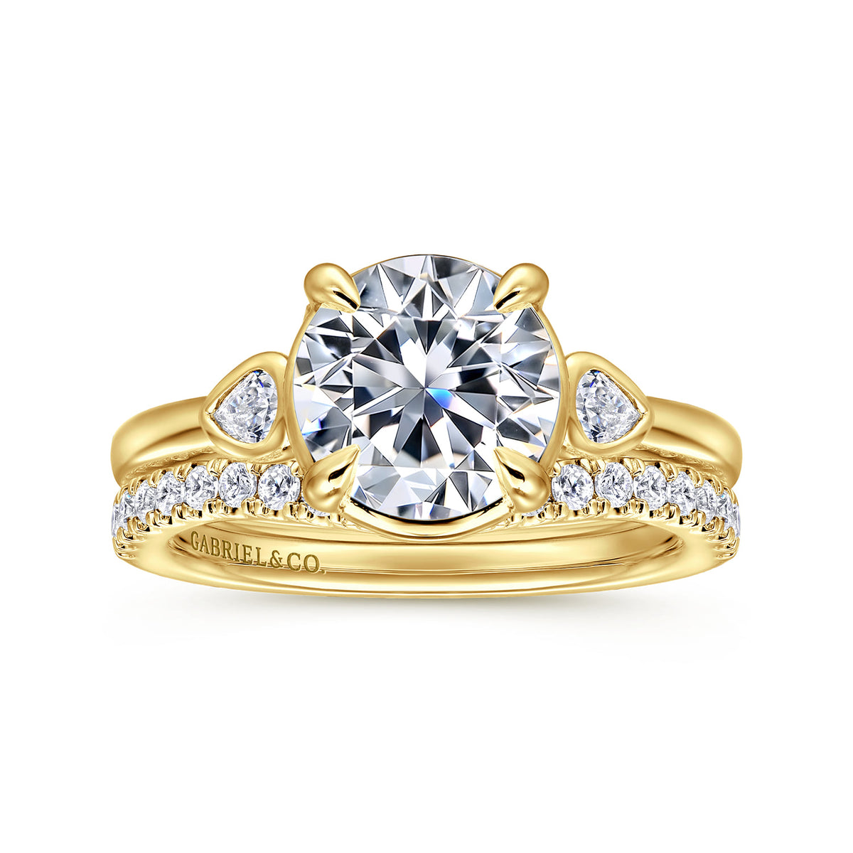 14K Yellow Gold Round Three Stone Diamond Engagement Ring — Gabriel & Co. ER16502R8Y44JJ; center stone shown for illustration, not included