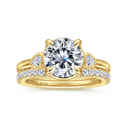 14K Yellow Gold Round Three Stone Diamond Engagement Ring — Gabriel & Co. ER16502R8Y44JJ; center stone shown for illustration, not included