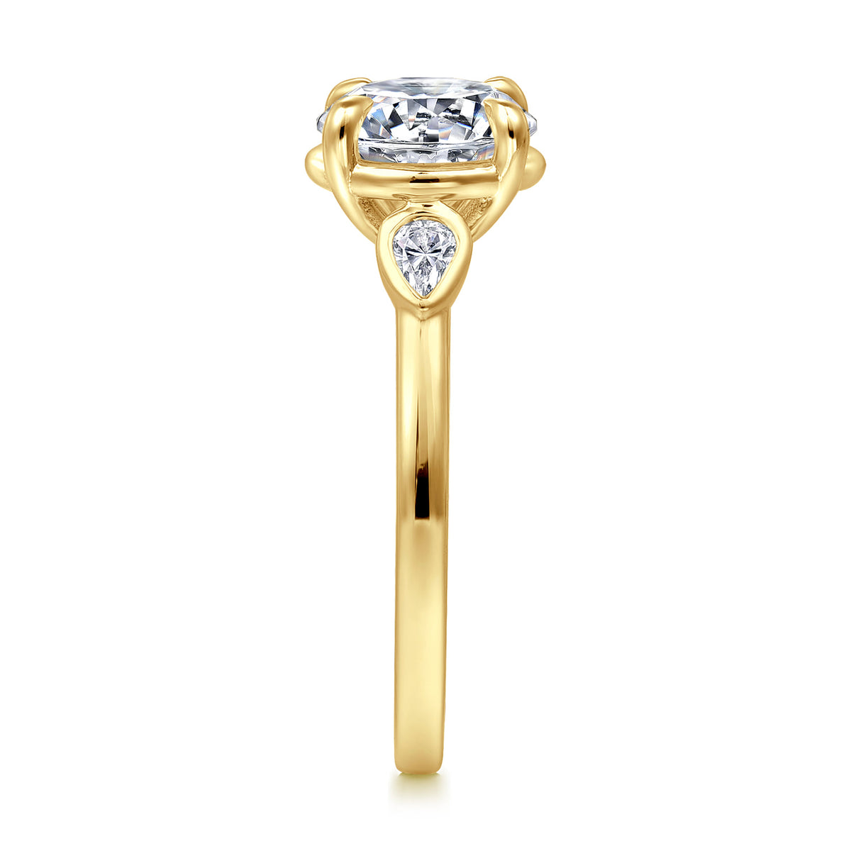 14K Yellow Gold Round Three Stone Diamond Engagement Ring — Gabriel & Co. ER16502R8Y44JJ; center stone shown for illustration, not included