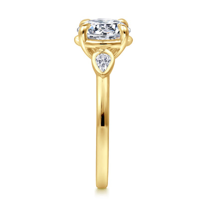 14K Yellow Gold Round Three Stone Diamond Engagement Ring — Gabriel & Co. ER16502R8Y44JJ; center stone shown for illustration, not included