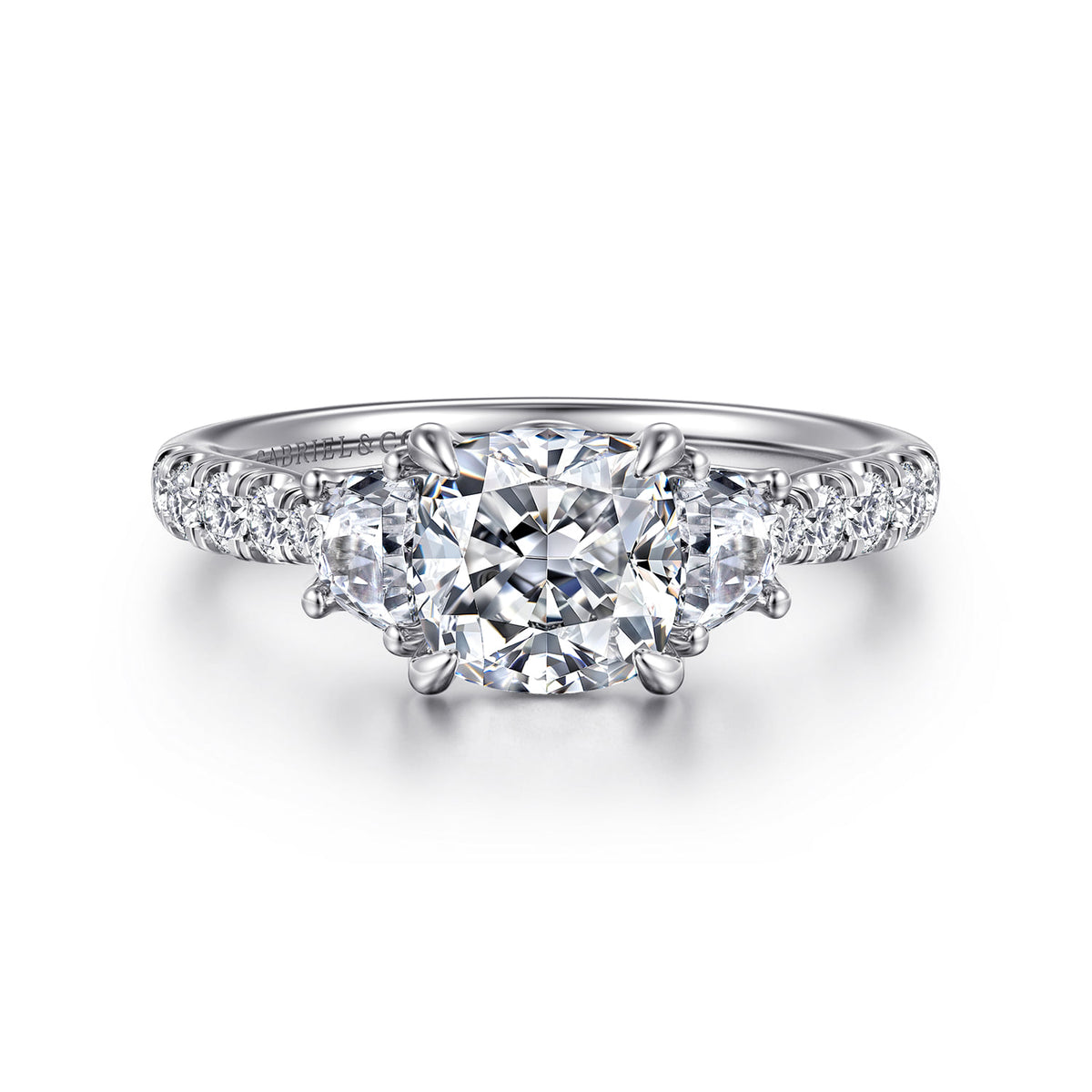 14K White Gold Cushion Cut Three Stone Lotus Diamond Engagement Ring — ER16507C6W44JJ; center stone shown for illustration, not included