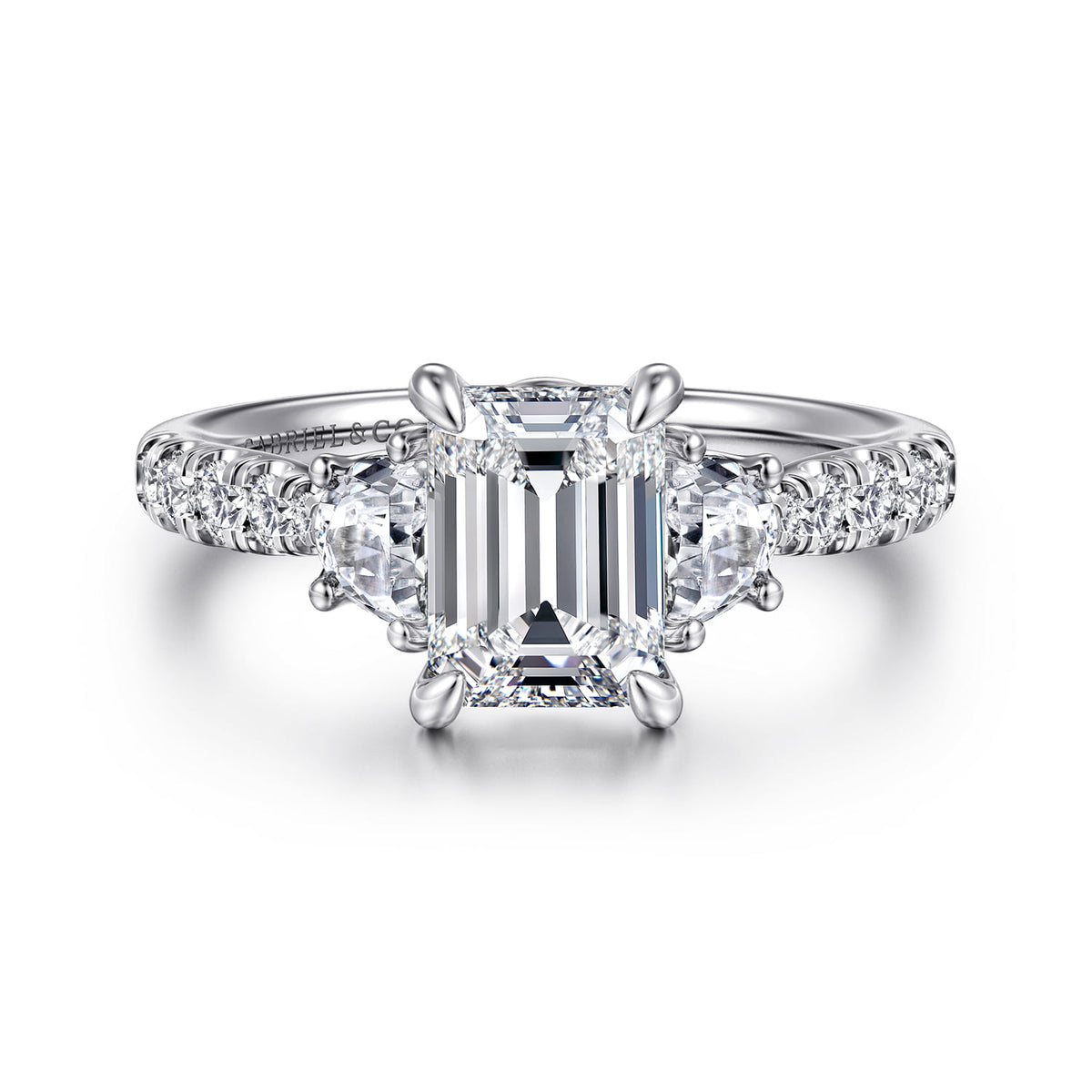 14K White Gold Emerald Cut Three Stone Lotus Diamond Engagement Ring — ER16507E6W44JJ; center stone shown for illustration, not included