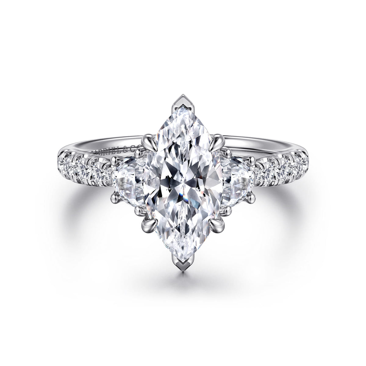 14K White Gold Marquise Shape Three Stone Lotus Diamond Engagement Ring — ER16507M6W44JJ; center stone shown for illustration, not included
