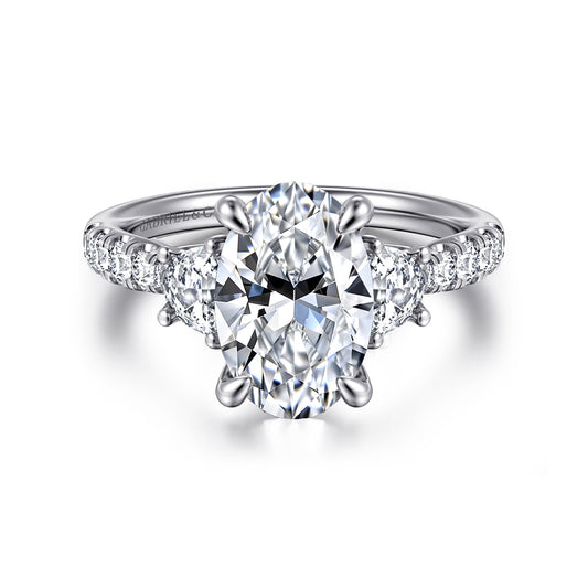 14K White Gold Oval Three Stone Lotus Diamond Engagement Ring — Gabriel & Co. ER16507O10W44JJ; center stone shown for illustration, not included