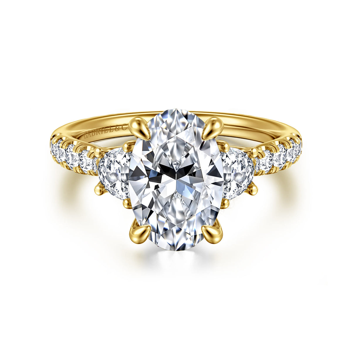 14K Yellow Gold Oval Three Stone Lotus Diamond Engagement Ring — Gabriel & Co. ER16507O10Y44JJ; center stone shown for illustration, not included