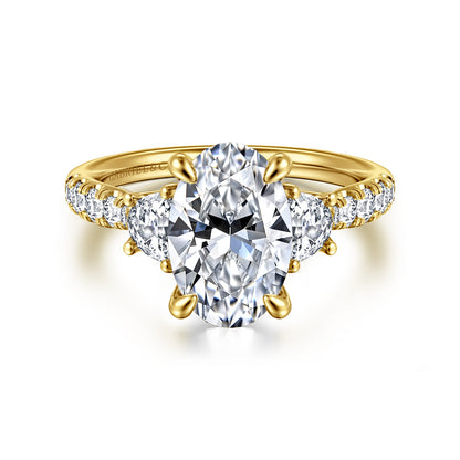 14K Yellow Gold Oval Three Stone Lotus Diamond Engagement Ring — Gabriel & Co. ER16507O10Y44JJ; center stone shown for illustration, not included