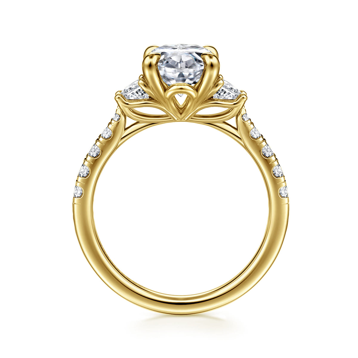 14K Yellow Gold Oval Three Stone Lotus Diamond Engagement Ring — Gabriel & Co. ER16507O10Y44JJ; center stone shown for illustration, not included