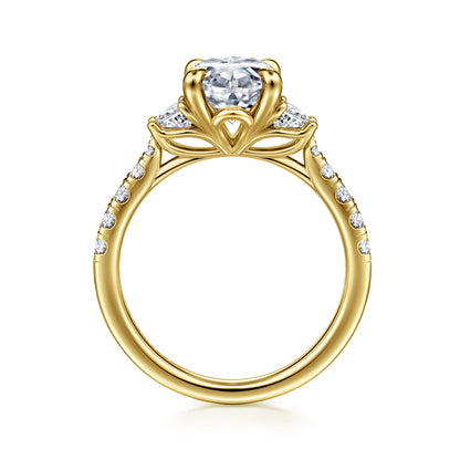 14K Yellow Gold Oval Three Stone Lotus Diamond Engagement Ring — Gabriel & Co. ER16507O10Y44JJ; center stone shown for illustration, not included