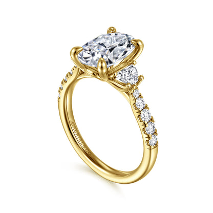 14K Yellow Gold Oval Three Stone Lotus Diamond Engagement Ring — Gabriel & Co. ER16507O10Y44JJ; center stone shown for illustration, not included