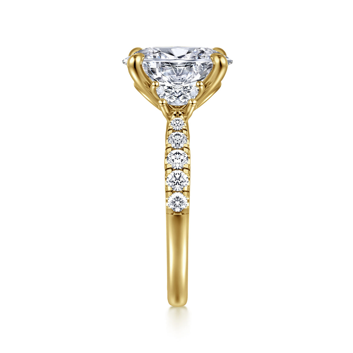 14K Yellow Gold Oval Three Stone Lotus Diamond Engagement Ring — Gabriel & Co. ER16507O10Y44JJ; center stone shown for illustration, not included