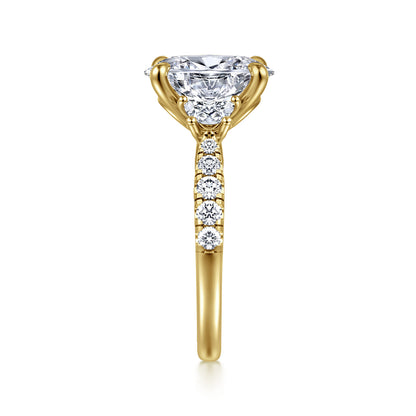 14K Yellow Gold Oval Three Stone Lotus Diamond Engagement Ring — Gabriel & Co. ER16507O10Y44JJ; center stone shown for illustration, not included