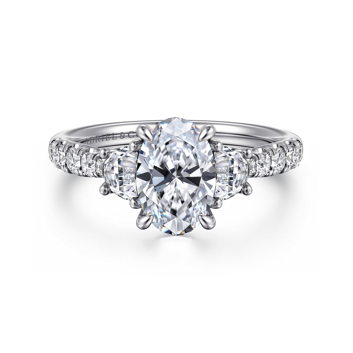 14K White Gold Oval Three Stone Lotus Diamond Engagement Ring — ER16507O6W44JJ; center stone shown for illustration, not included