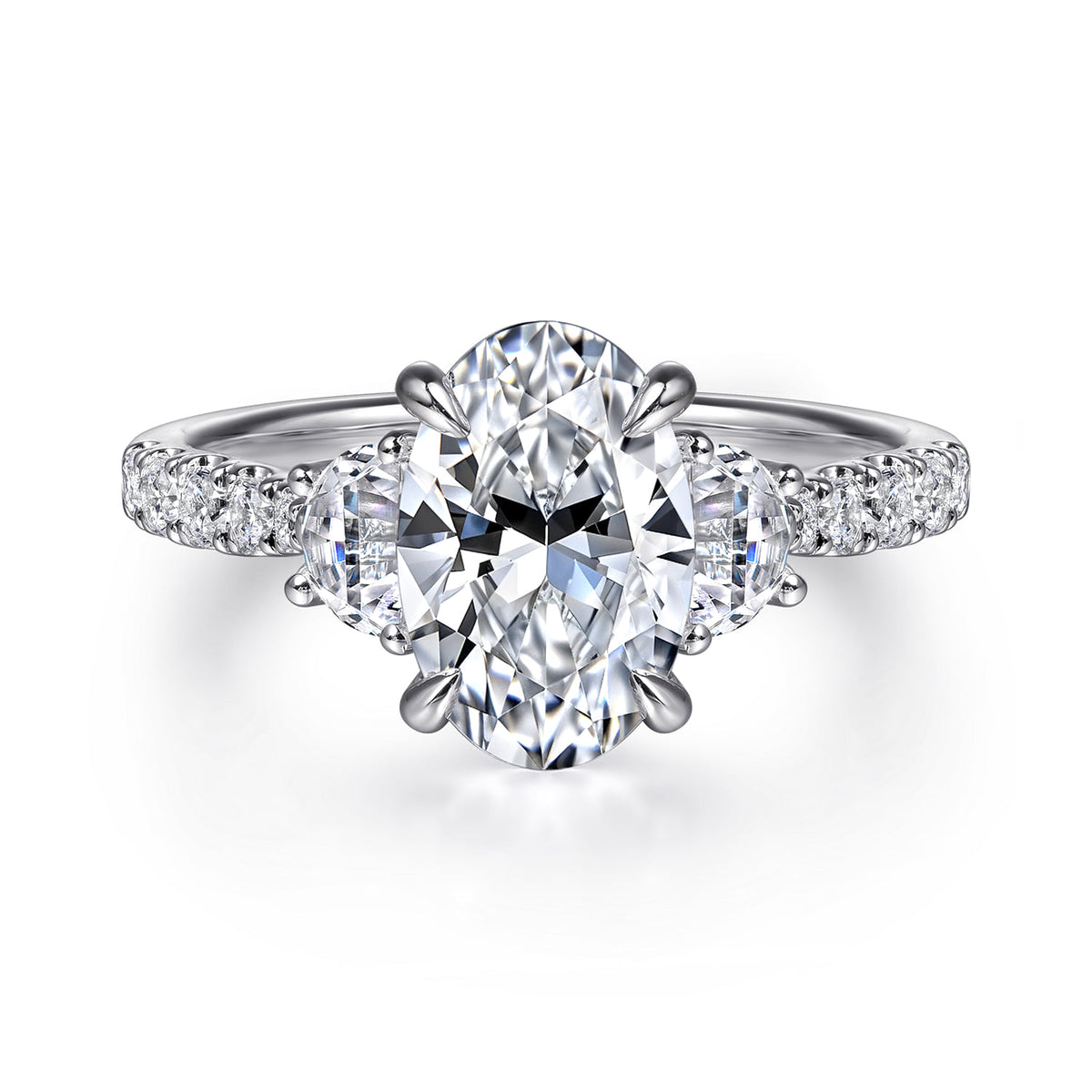 14K White Gold Oval Three Stone Lotus Diamond Engagement Ring — ER16507O8W44JJ; center stone shown for illustration, not included