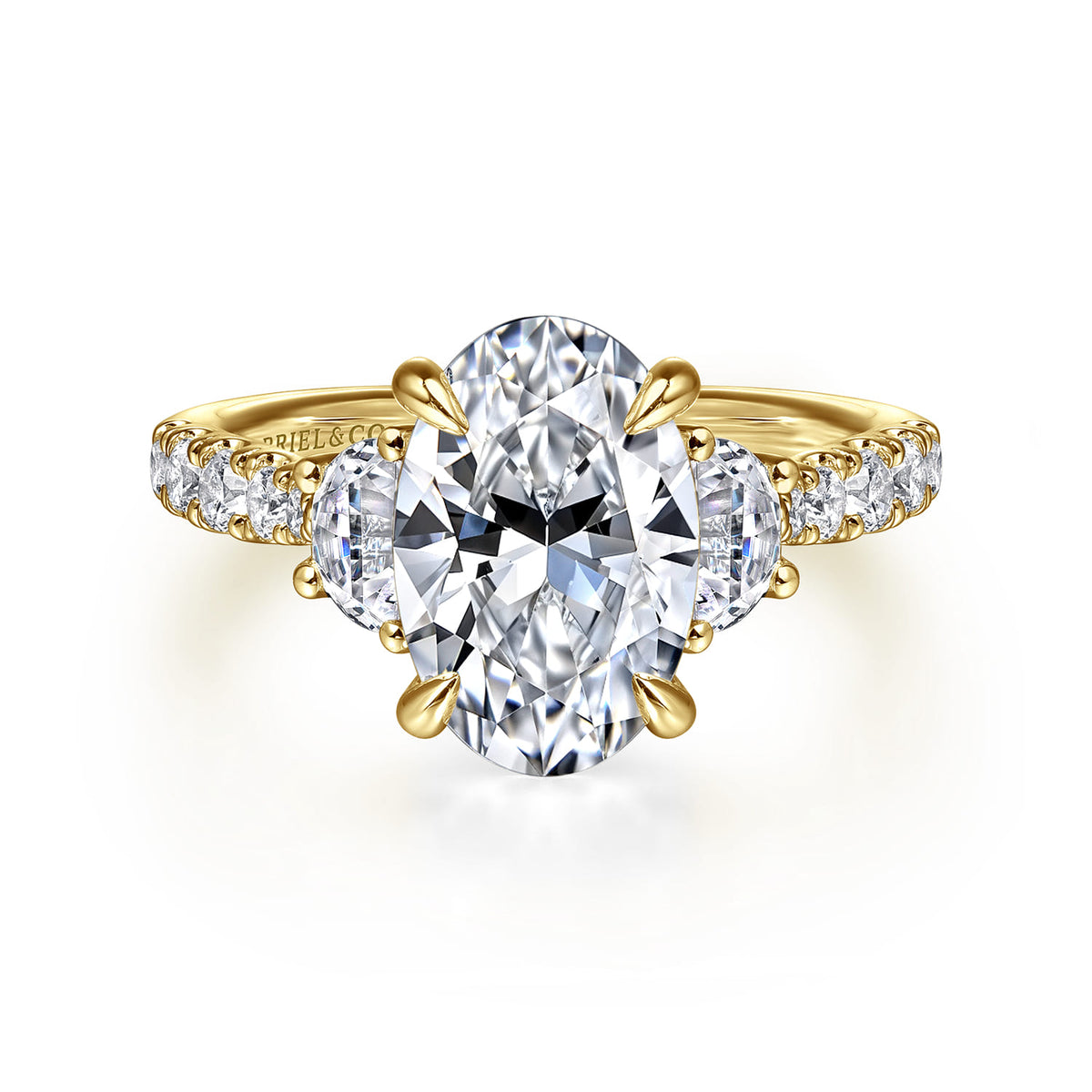 14K Yellow Gold Oval Three Stone Lotus Diamond Engagement Ring — ER16507O8Y44JJ; center stone shown for illustration, not included