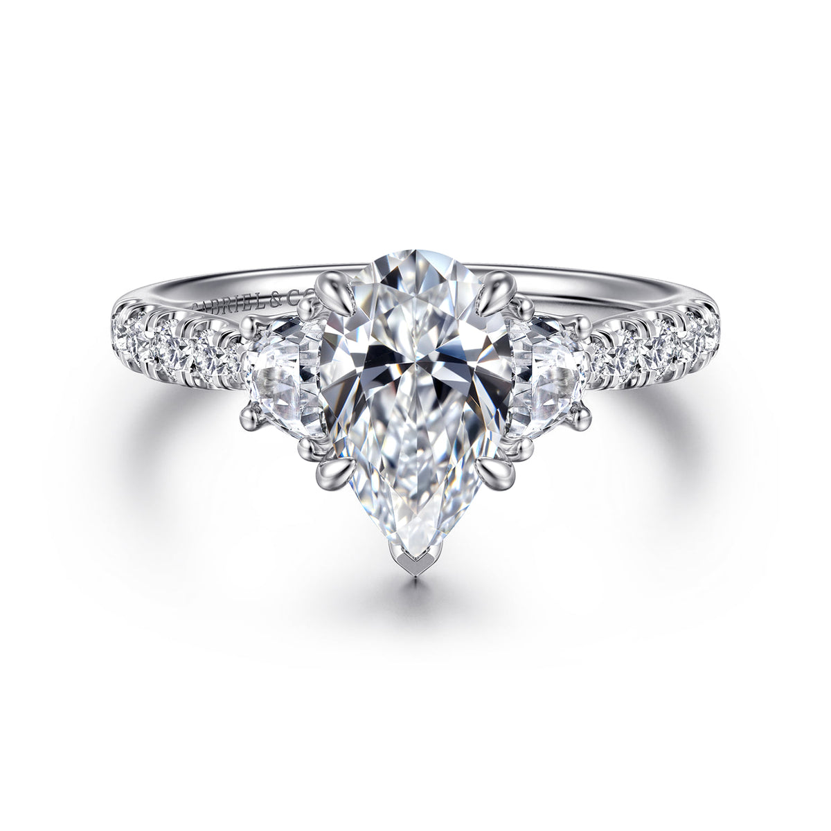 14K White Gold Pear Shape Three Stone Lotus Diamond Engagement Ring — ER16507P6W44JJ; center stone shown for illustration, not included