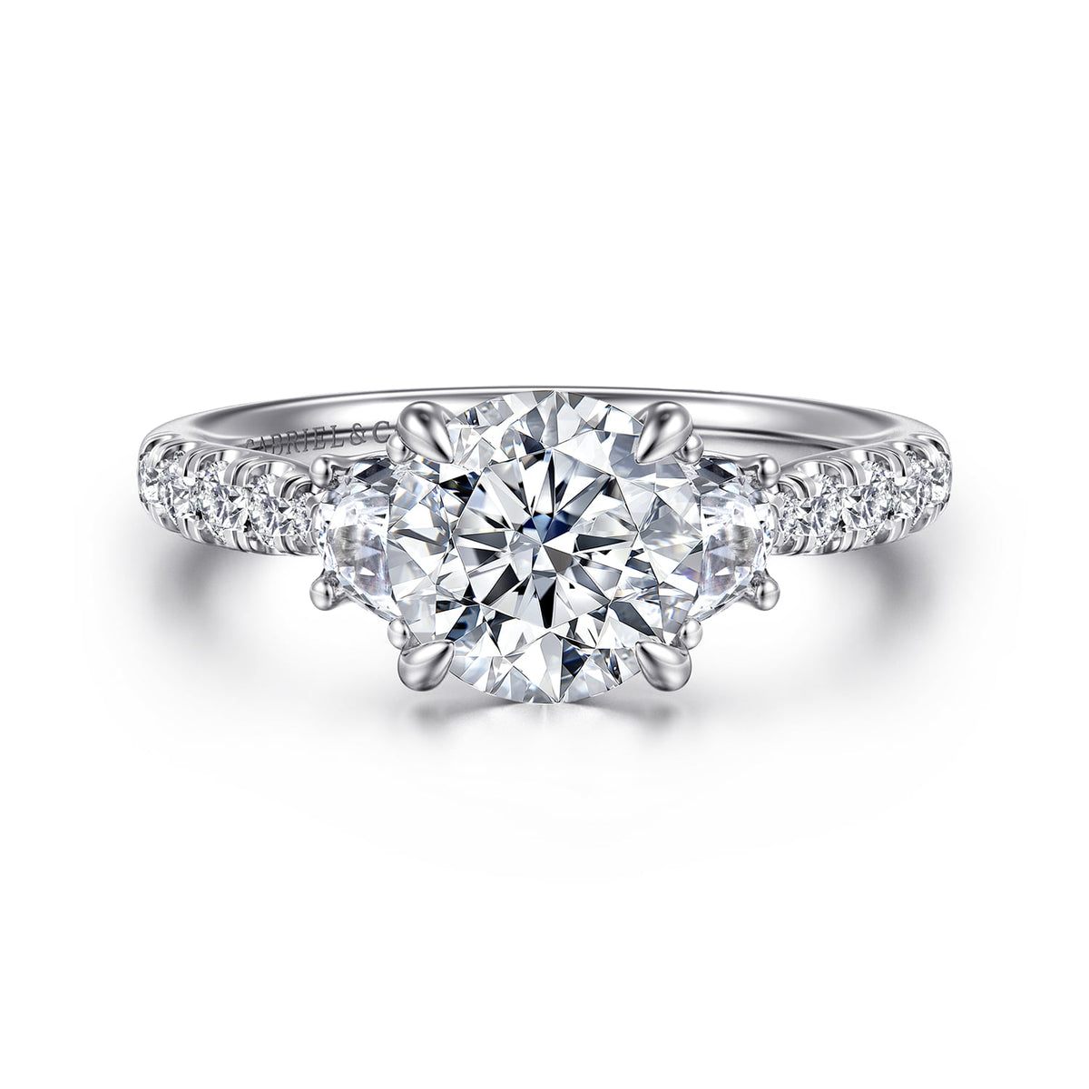 14K White Gold Round Three Stone Lotus Diamond Engagement Ring — ER16507R6W44JJ; center stone shown for illustration, not included