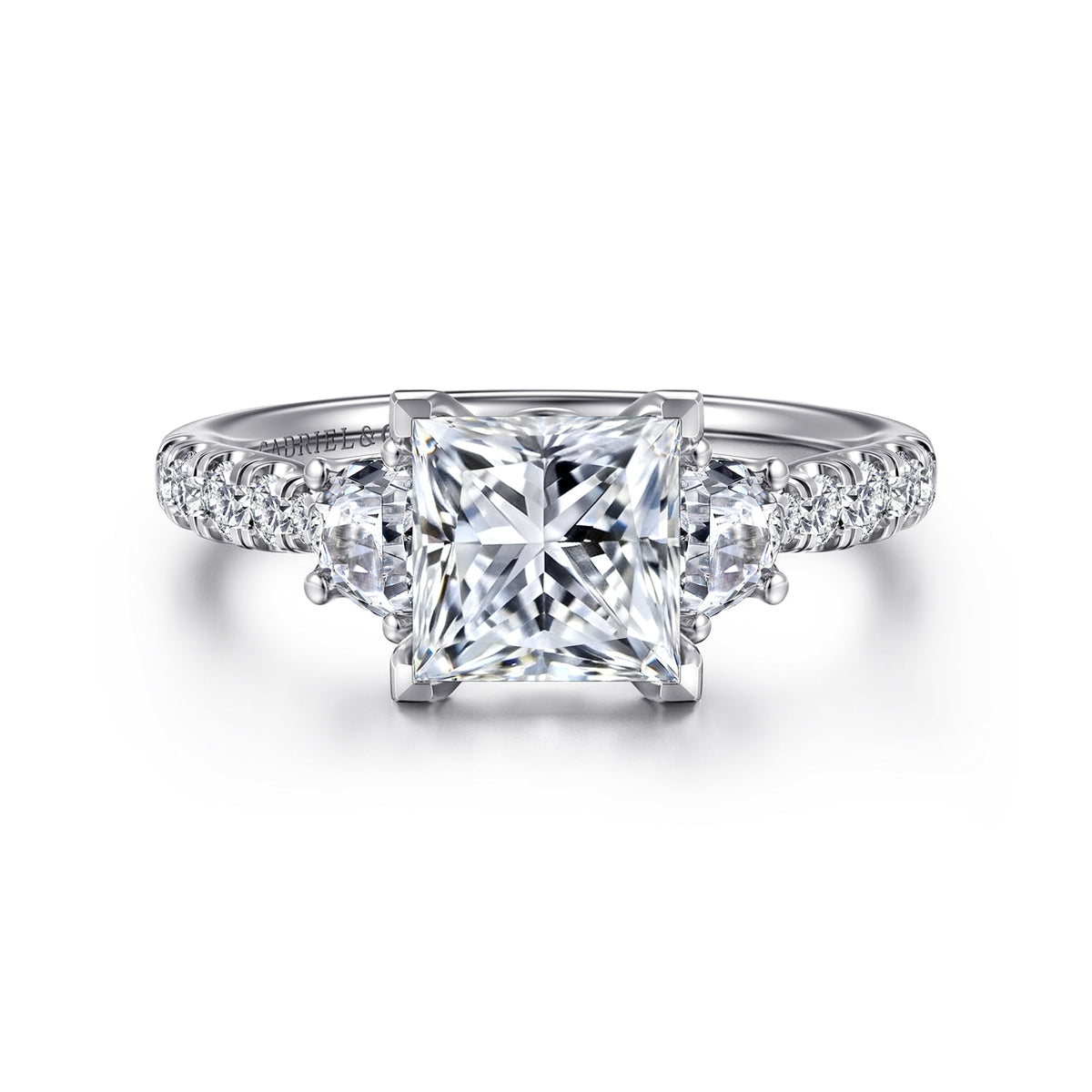 14K White Gold Princess Cut Three Stone Lotus Diamond Engagement Ring — ER16507S6W44JJ; center stone shown for illustration, not included