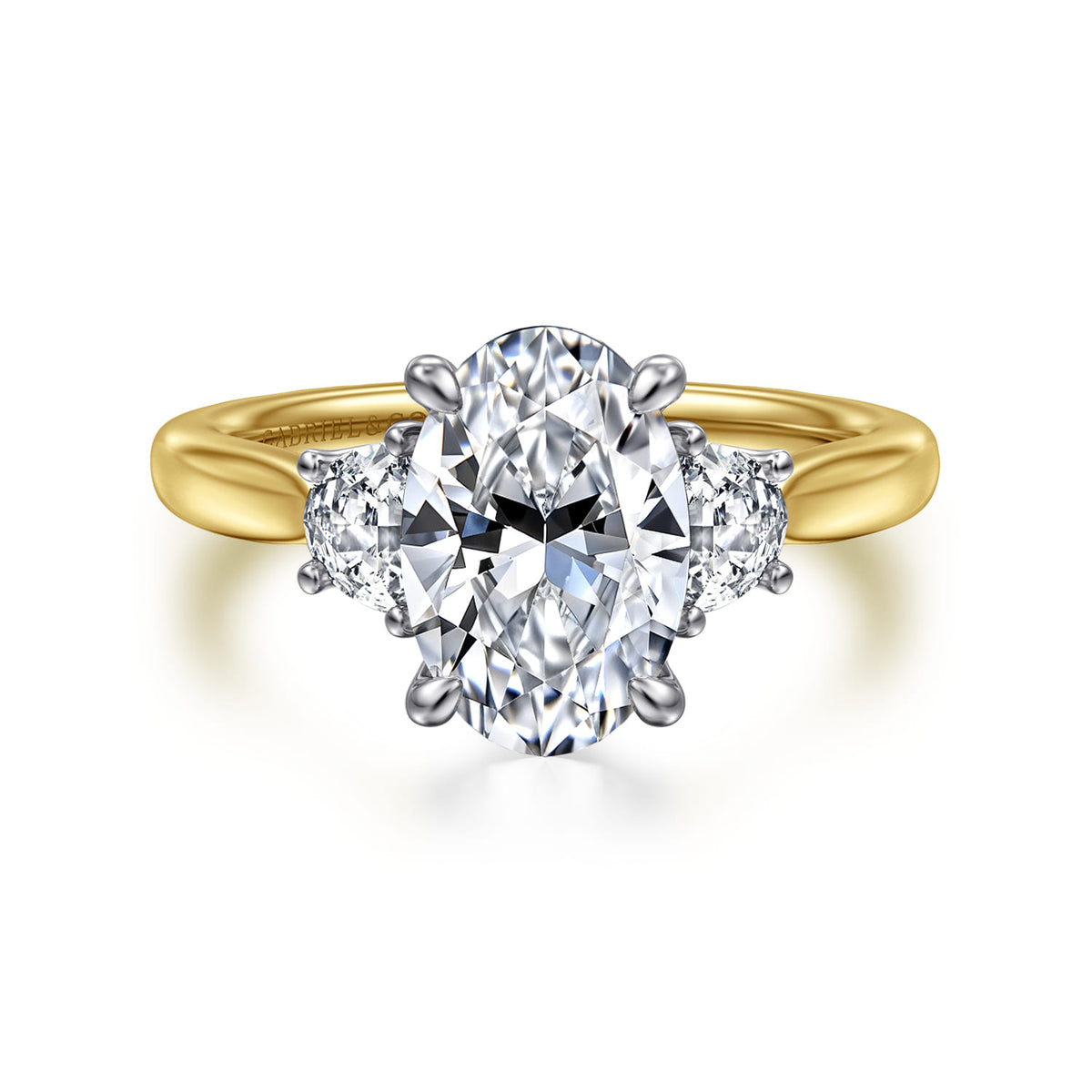 14K White-Yellow Gold Oval Three Stone Lotus Diamond Engagement Ring — Gabriel & Co. ER16508O8M43JJ; center stone shown for illustration, not included