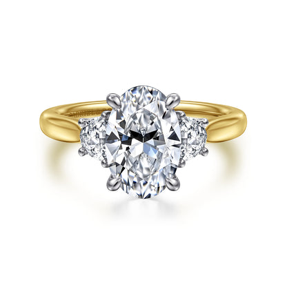 14K White-Yellow Gold Oval Three Stone Lotus Diamond Engagement Ring — Gabriel & Co. ER16508O8M43JJ; center stone shown for illustration, not included