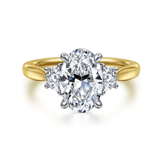 14K White-Yellow Gold Oval Three Stone Lotus Diamond Engagement Ring — Gabriel & Co. ER16508O8M43JJ; center stone shown for illustration, not included