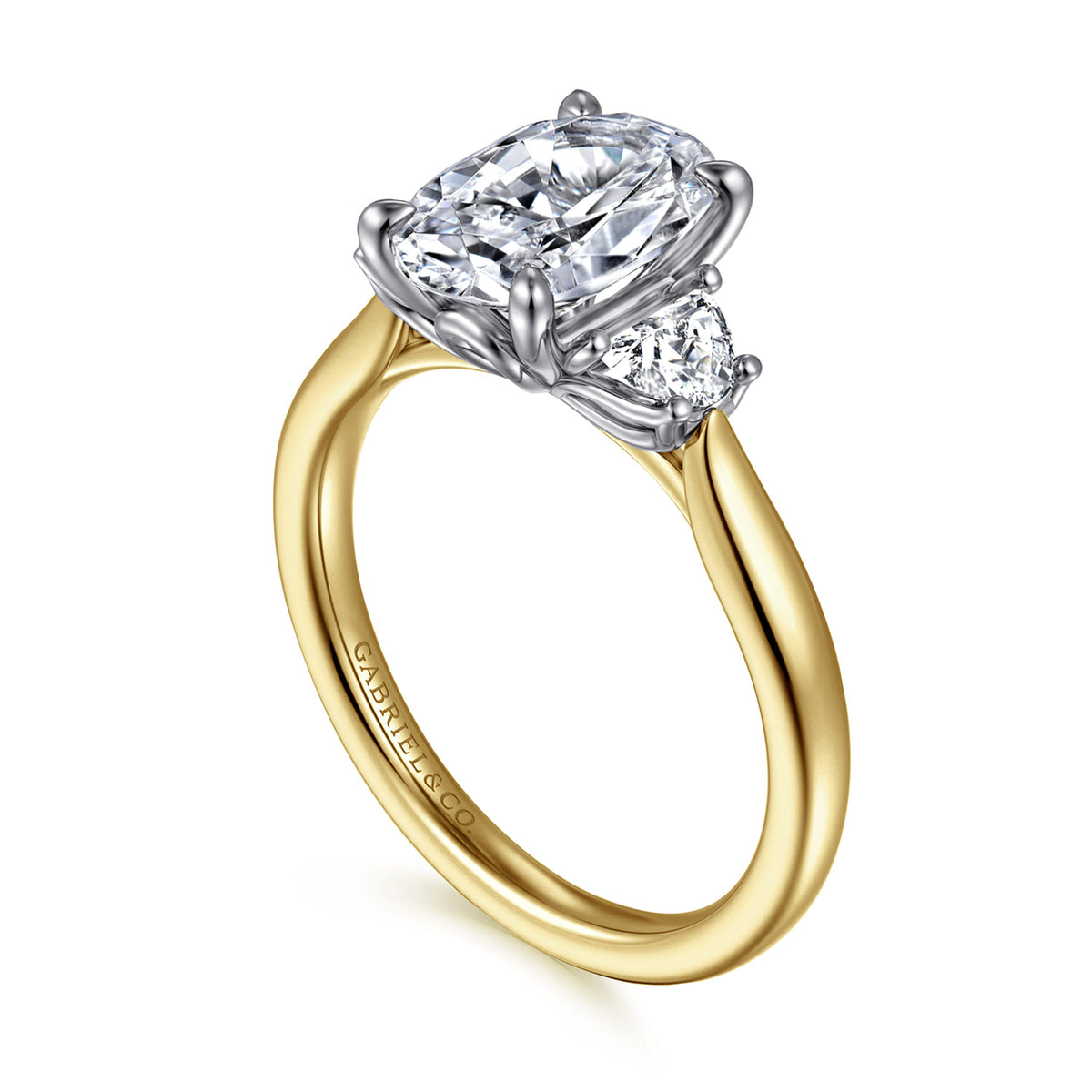 14K White-Yellow Gold Oval Three Stone Lotus Diamond Engagement Ring — Gabriel & Co. ER16508O8M43JJ; center stone shown for illustration, not included